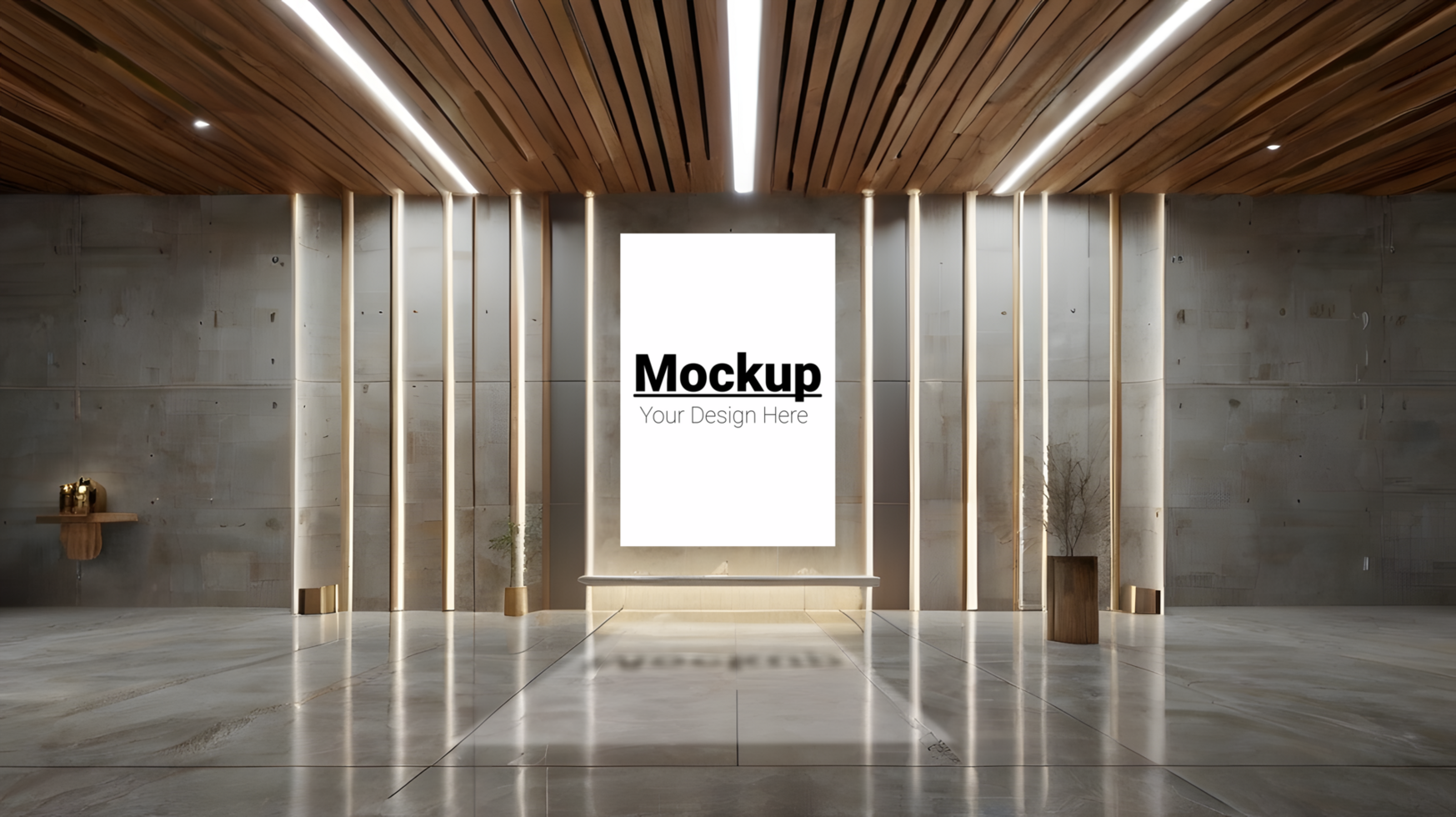 Modern interior with wooden walls and a large poster psd