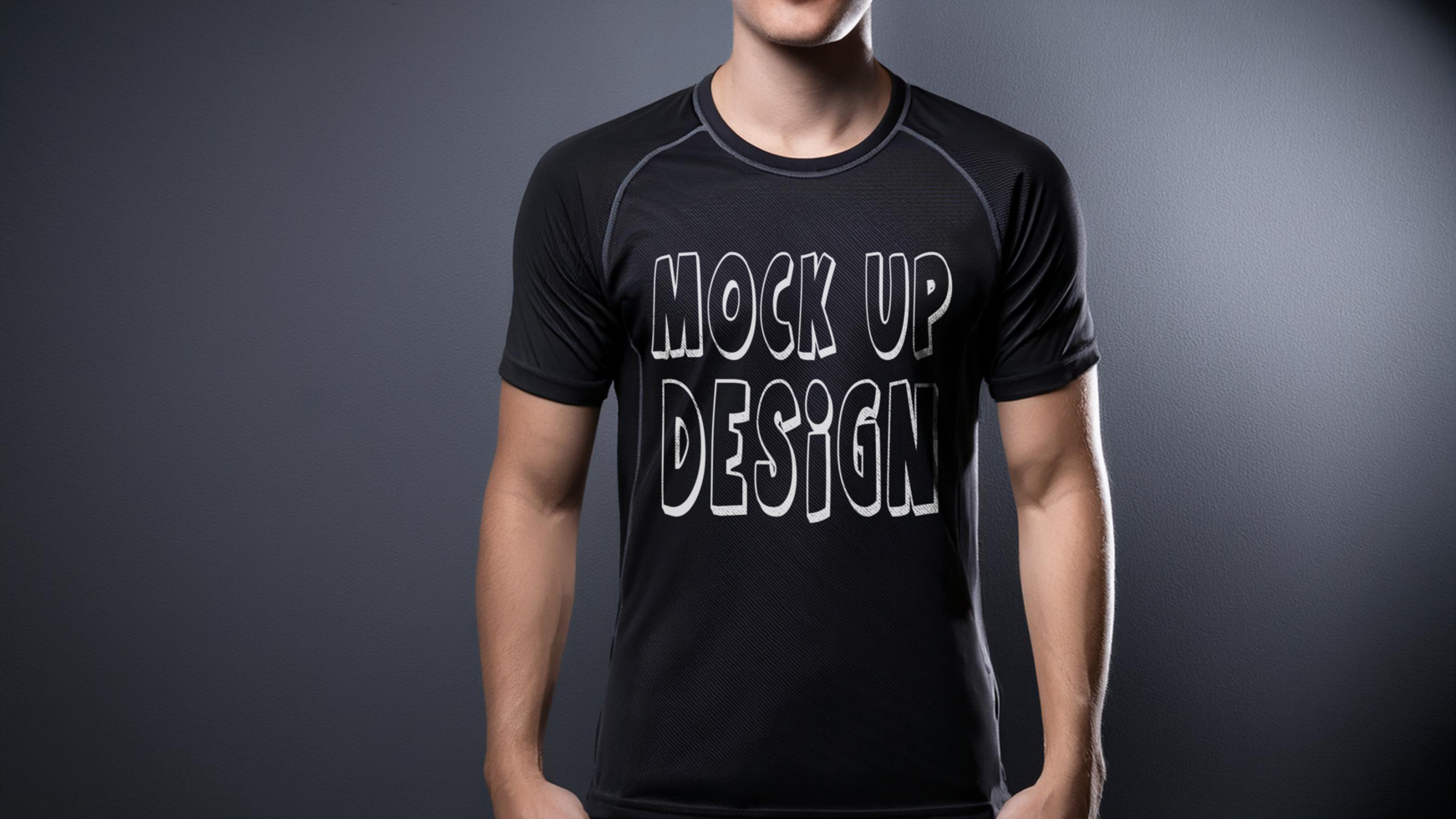 A man wearing a black t - shirt with the words mock-up design psd