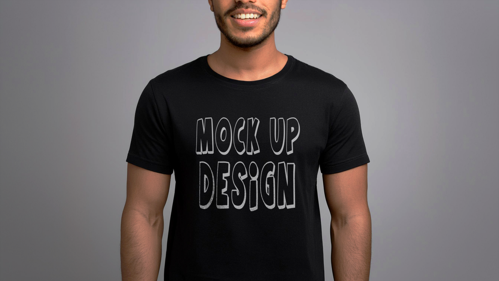 A man wearing a black t - shirt with the words mock up design on it so psd