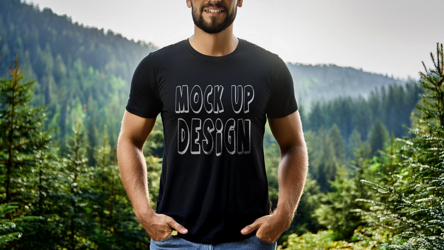 A man wearing a black t - shirt with the words mock up design psd