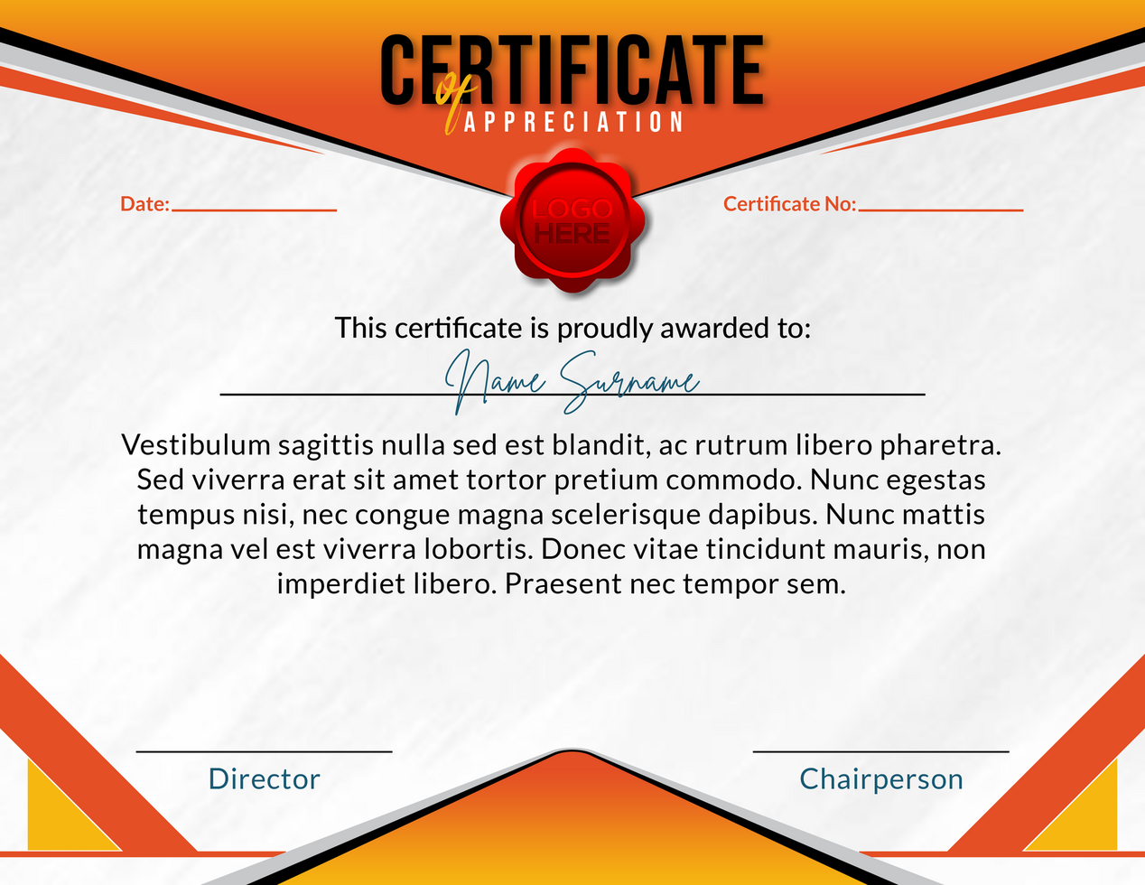 Certificate of Appreciation template with orange and yellow color psd