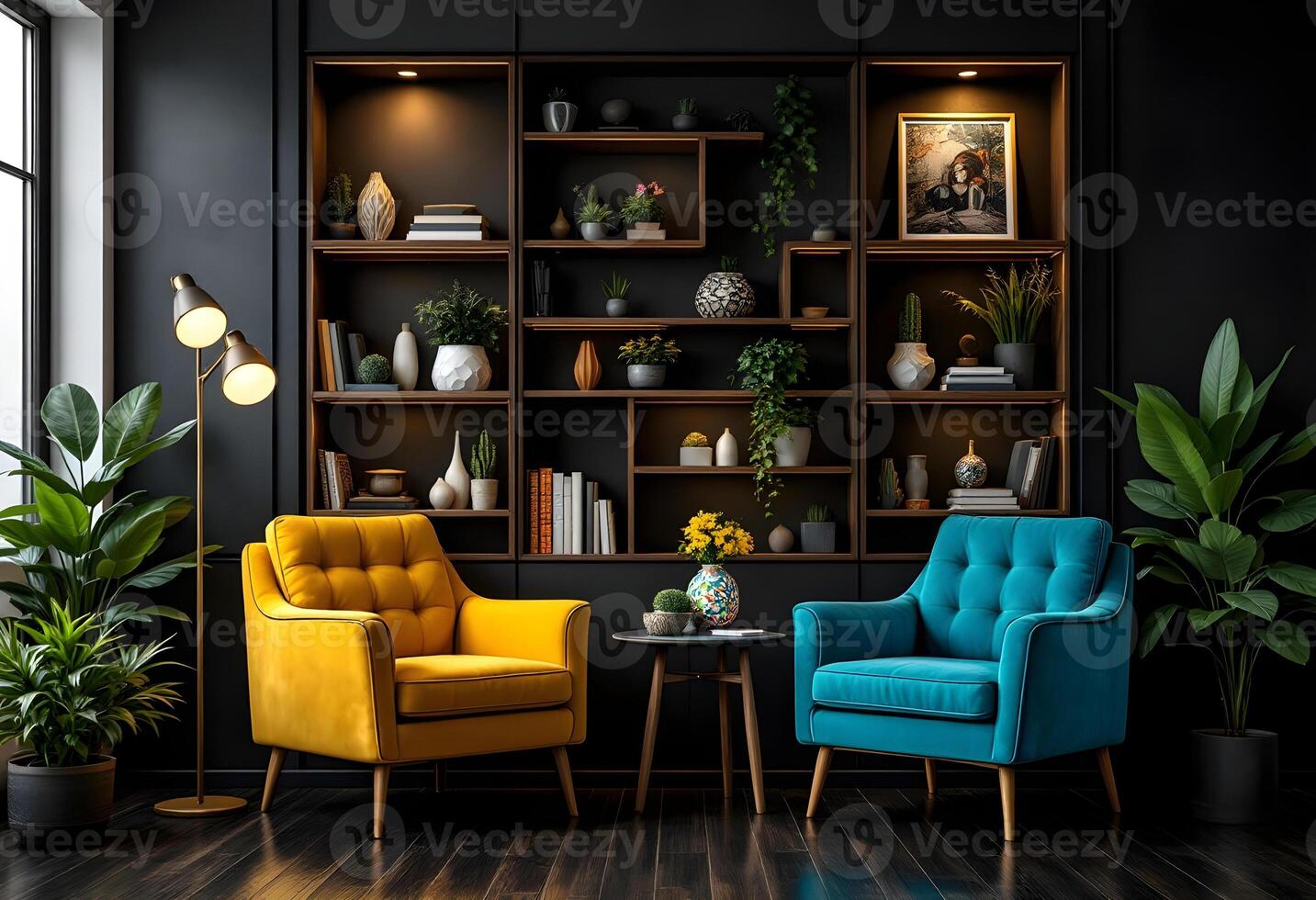 Two chairs in front of a book shelf with plants photo