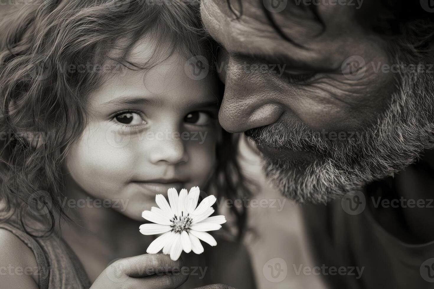 Little girl with tousled hair holding flowers, father smiles with affection photo