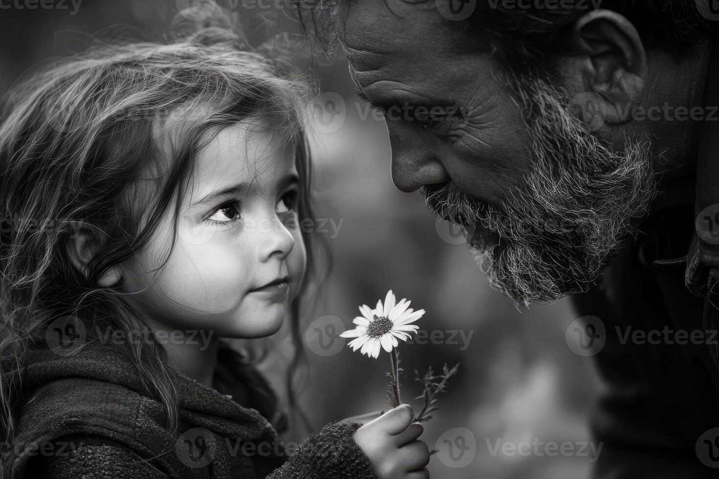 Little girl with flower and father sharing moment of joy in black and white photo