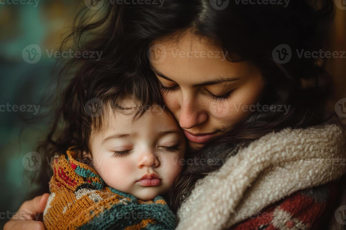 Mother cradles infant under blanket, sharing warmth and vulnerability photo