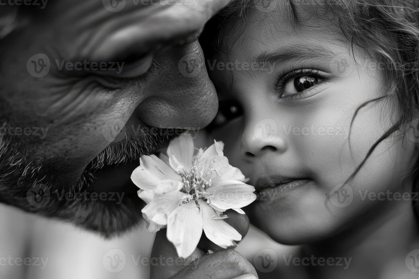 Little girl with flower and father sharing moment of joy in black and white photo