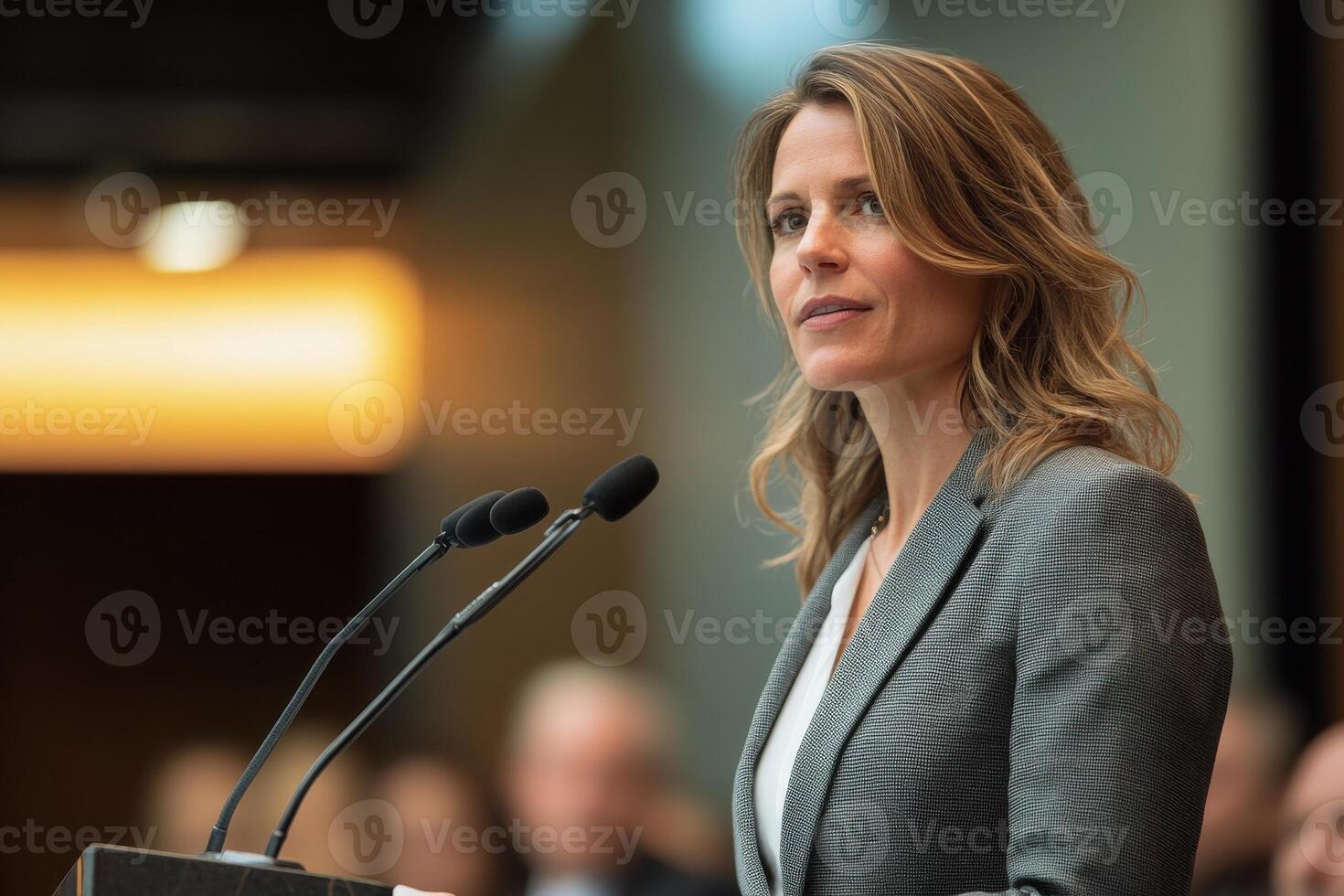 A woman speaking at a podium during a formal event. photo