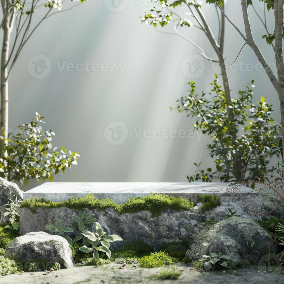 Stone Platform With Moss And Greenery In A Forest Setting photo