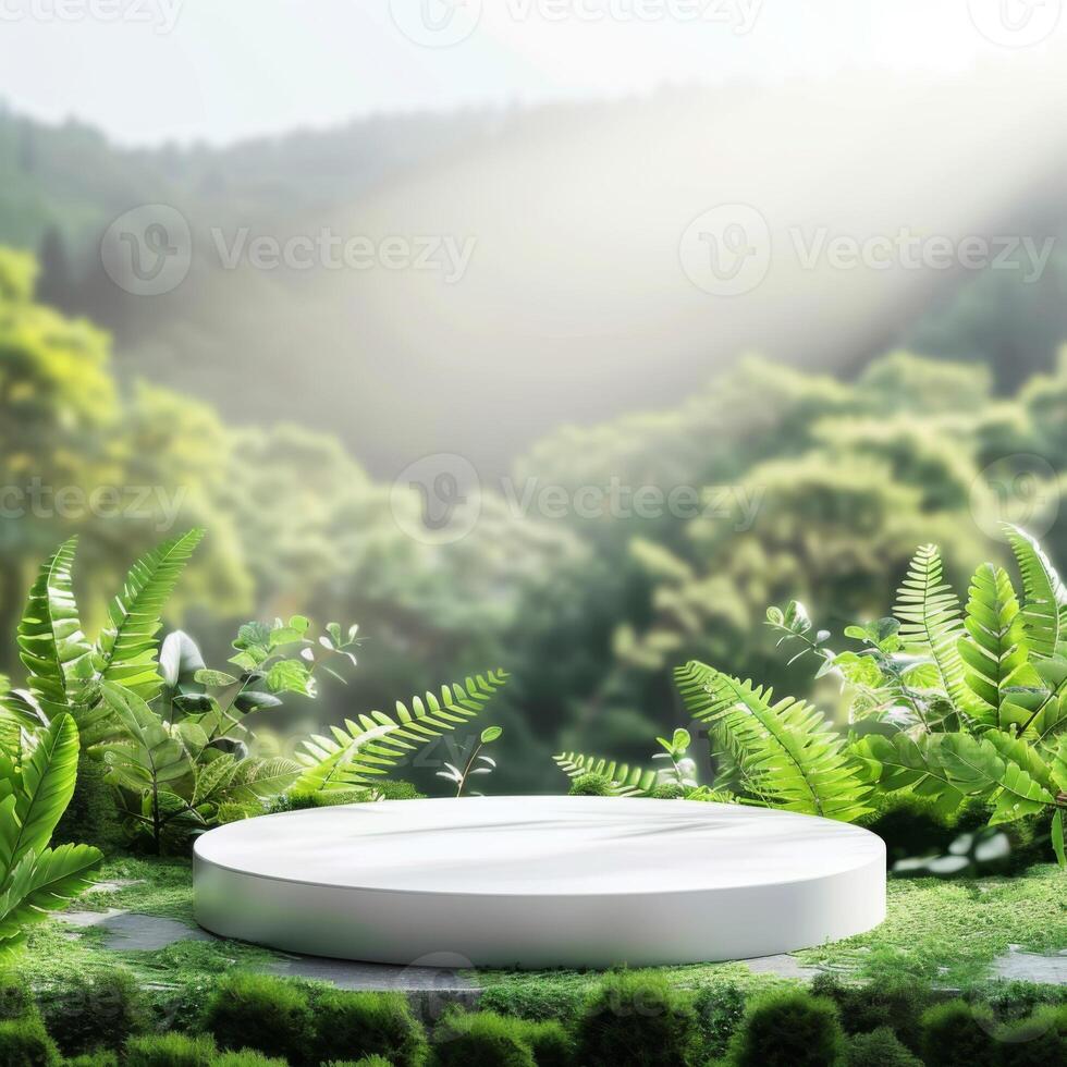 White Circular Podium in a Lush Forest Setting photo