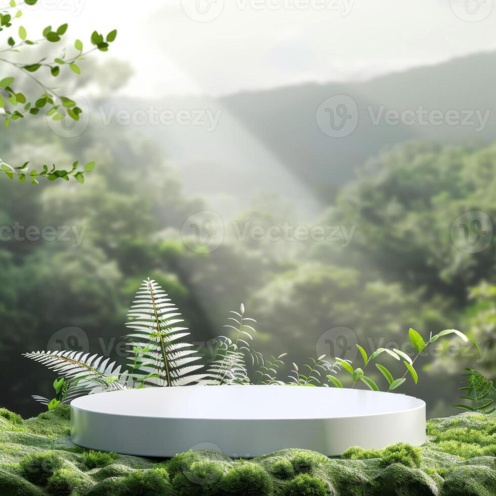 White Platform Surrounded by Ferns and Moss in a Lush Forest Setting photo
