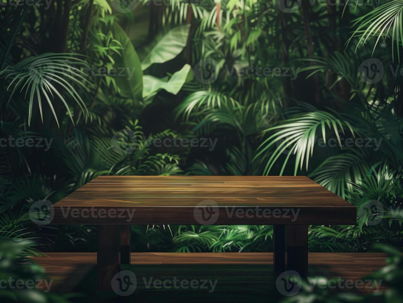 Wooden Tabletop Against Lush Tropical Foliage photo