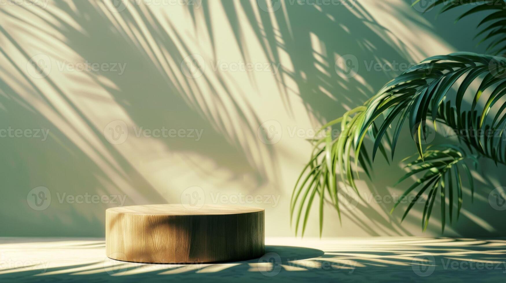 Wooden Platform with Palm Leaves and Shadow Patterns photo