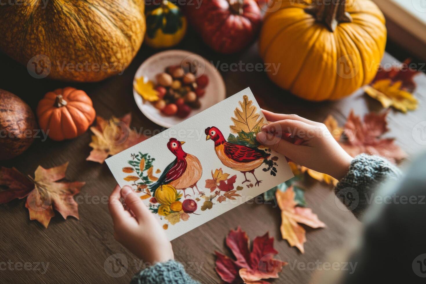 Child's Hand Holding a Watercolor Painting of Birds and Fall Leaves photo