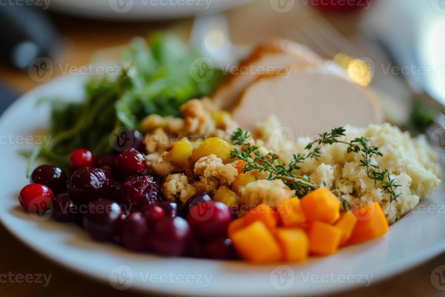 A Plate of Thanksgiving Dinner Sides with Cranberries, Stuffing, Mashed Potatoes, and Sweet Potatoes photo