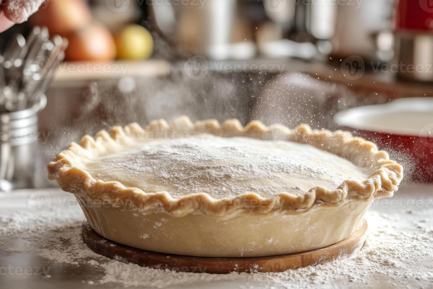 A close-up of a pie crust being dusted with flour. photo