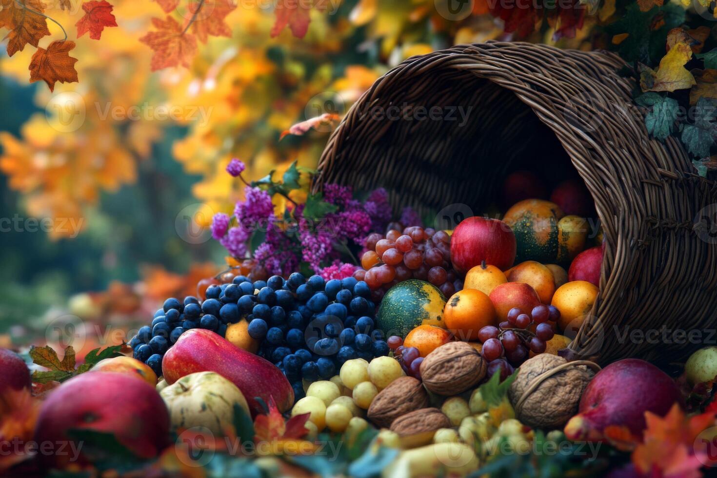 Wicker Basket Overflowing with Autumnal Fruit and Nuts photo