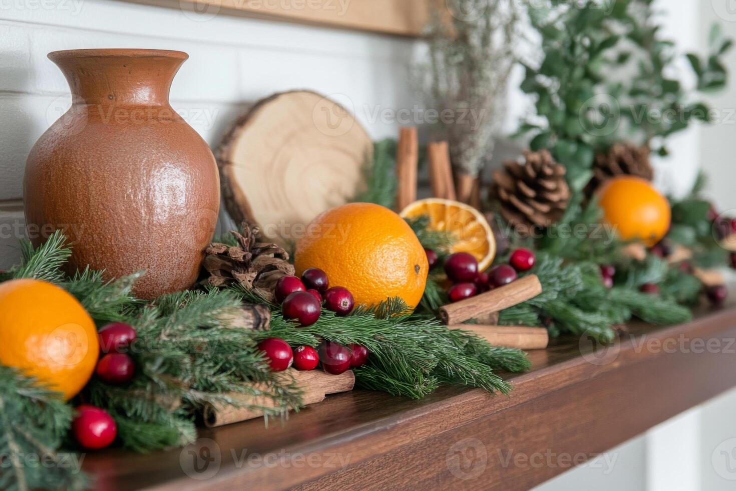 Festive Arrangement of Oranges, Cranberries, and Cinnamon on a Wooden Mantel photo