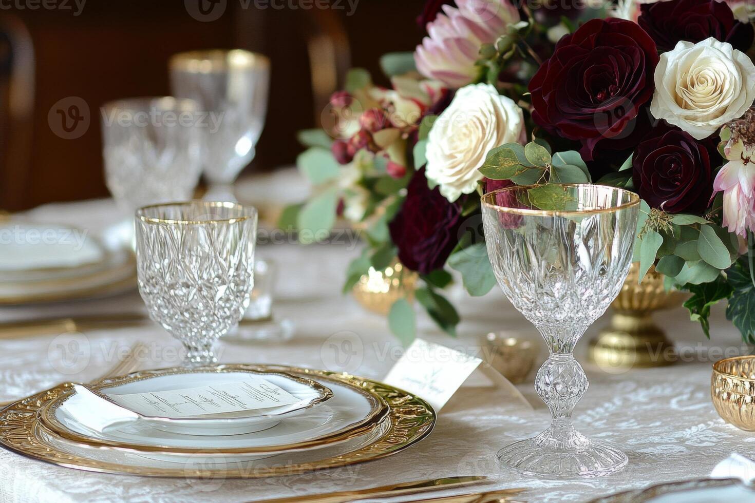 Elegant Table Setting with Red and White Roses and Crystal Wine Glasses photo