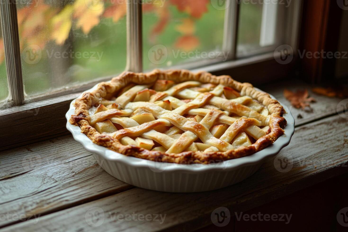 A Golden Lattice-Crust Apple Pie in a White Dish photo