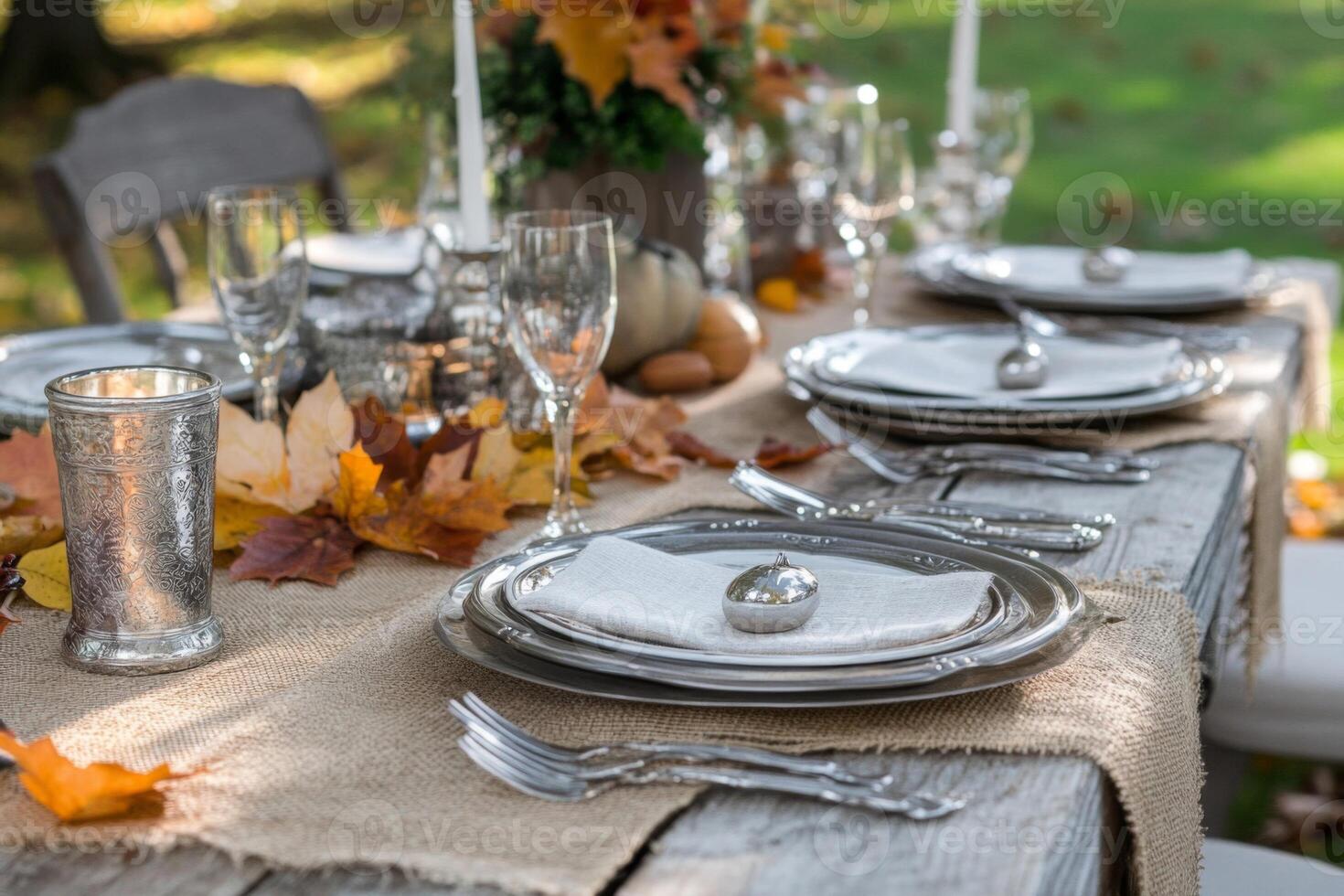 Silverware and Fall Leaves on a Rustic Table Setting photo