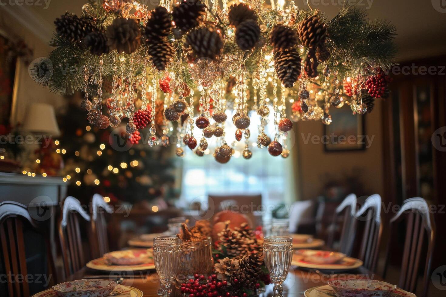 Ornate Chandelier with Pine Cones and Christmas Ornaments Above a Festive Table Setting photo