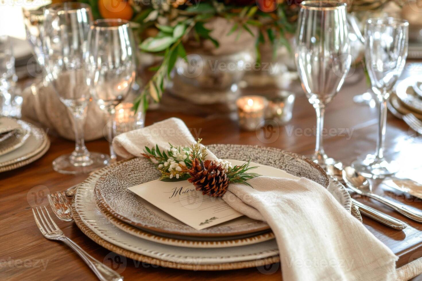 Elegant Table Setting with Pine Cone Napkin Ring and Menu Card photo