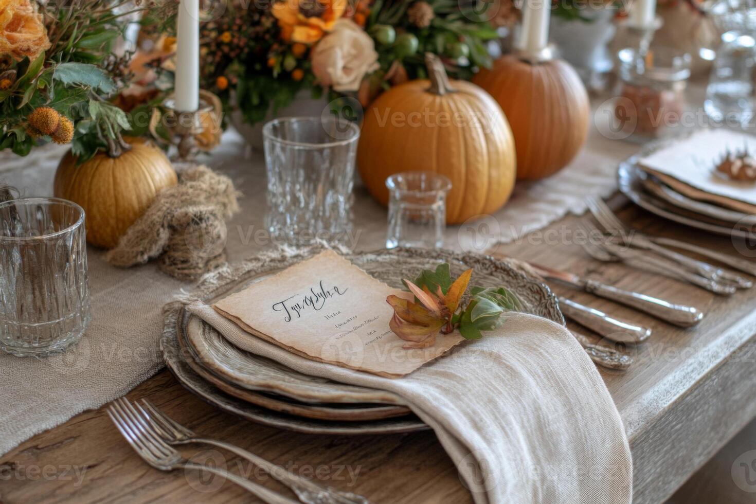 Rustic Autumnal Table Setting with Pumpkins and Menu Card photo