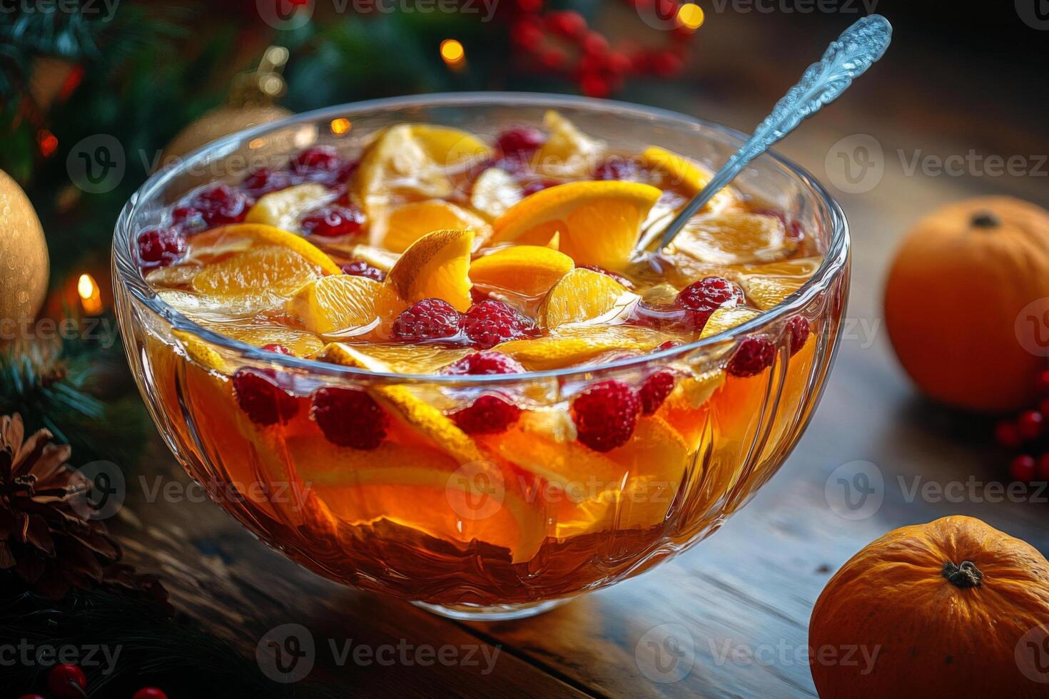 A festive punch bowl with orange slices and raspberries. photo