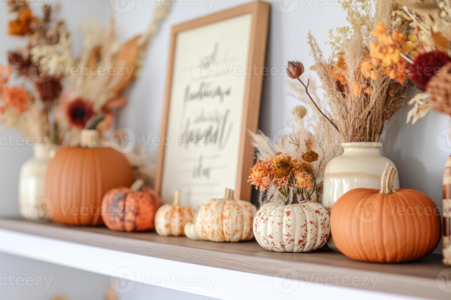 Fall Decor with Pumpkins, Dried Flowers, and a Framed Sign photo