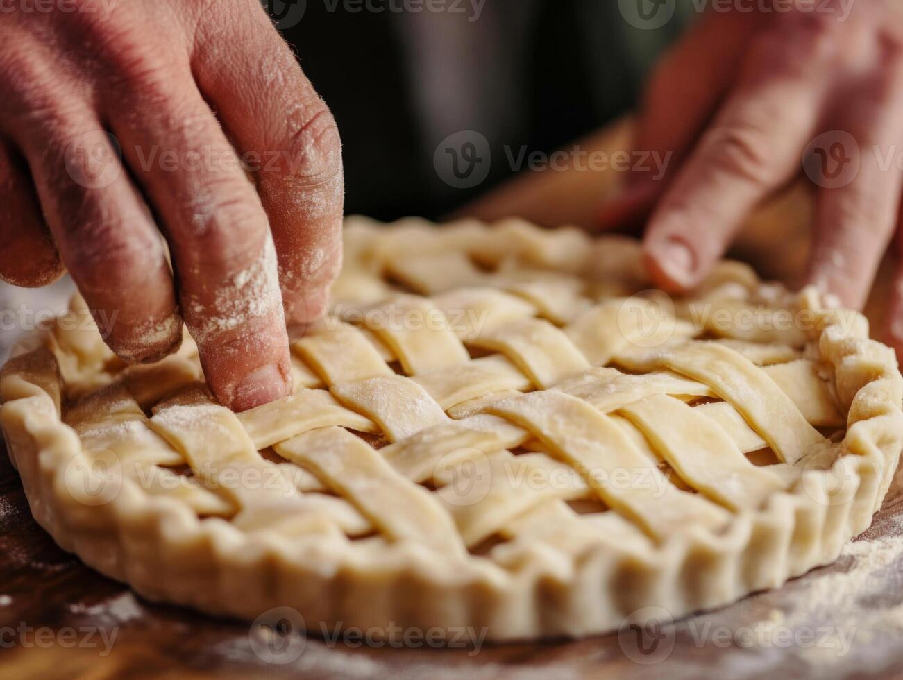 Close-up of a Hand Pressing Down on a Lattice-Top Pie Crust photo