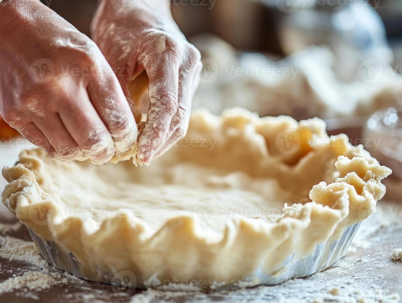 Hands Pressing Dough Into a Pie Crust photo