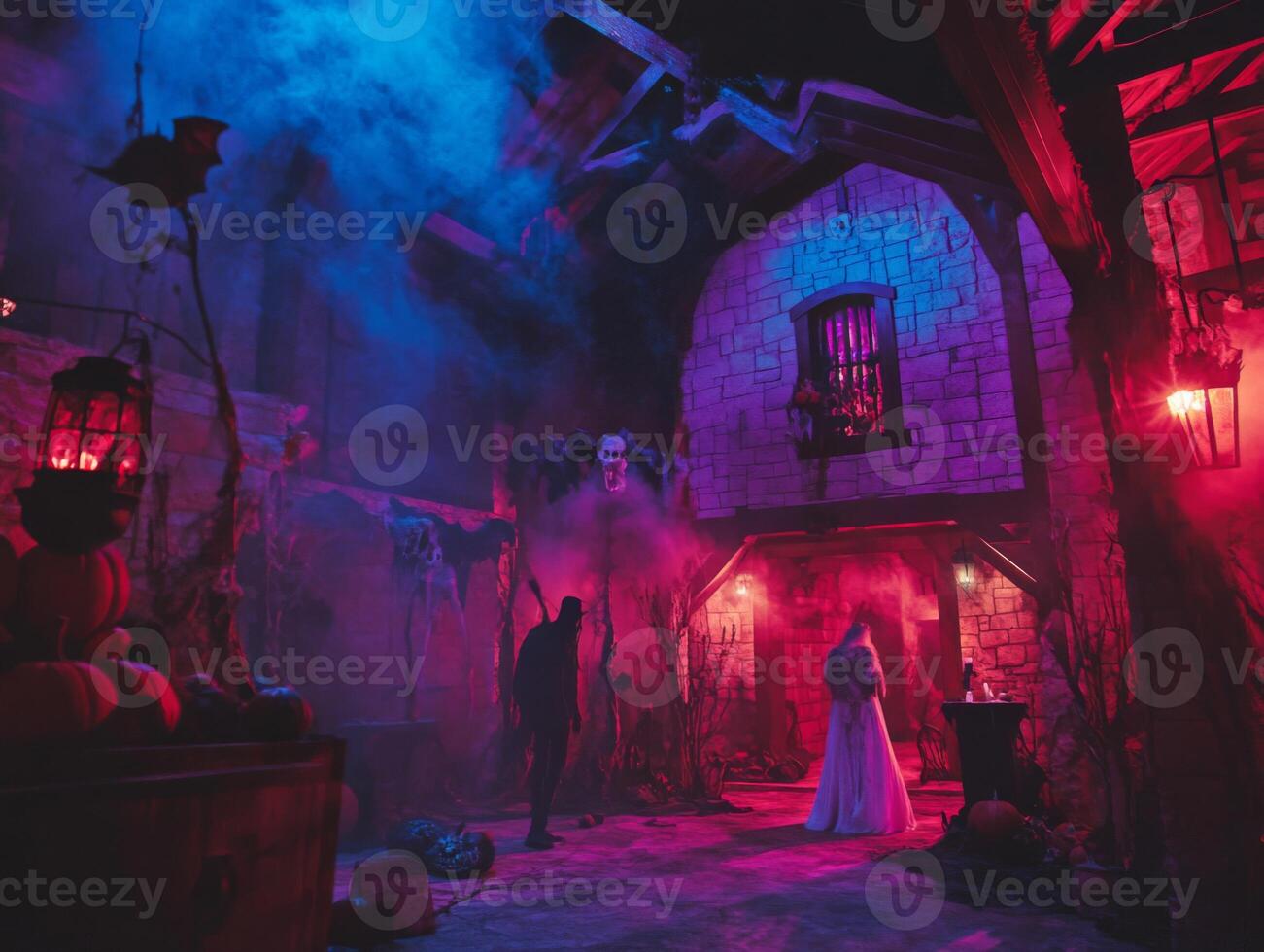 A Haunted Halloween Scene with Figures in a Smoky, Neon-Lit Building photo