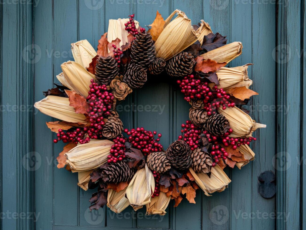 Fall Wreath Decorated with Pine Cones, Dried Corn Husks, and Red Berries on a Teal Door photo
