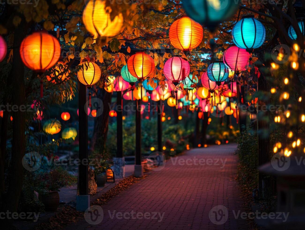 Illuminated Pathway with Colorful Lanterns and String Lights photo