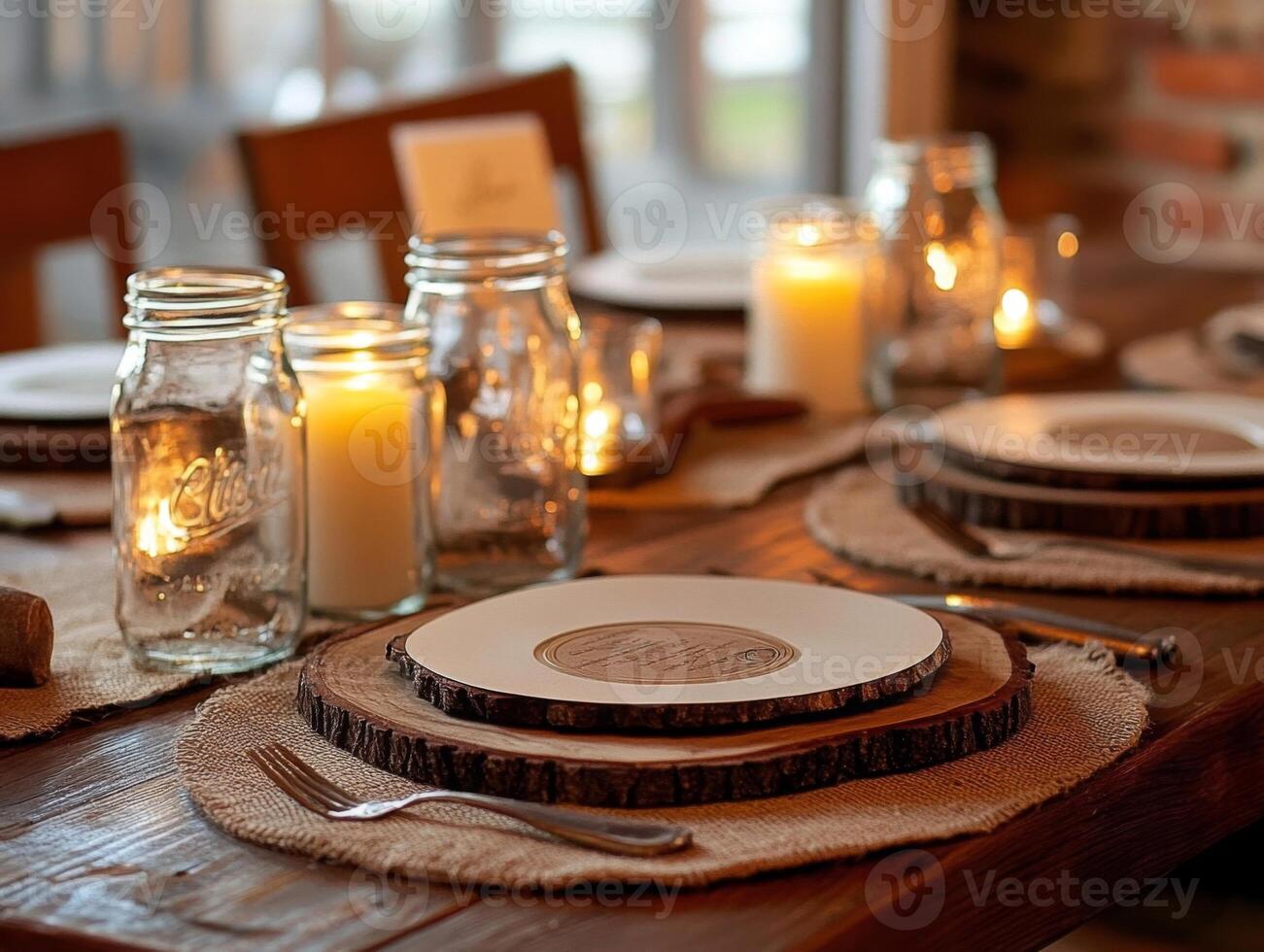A Rustic Table Setting with Candles, Wooden Coasters, and Burlap Placemats photo