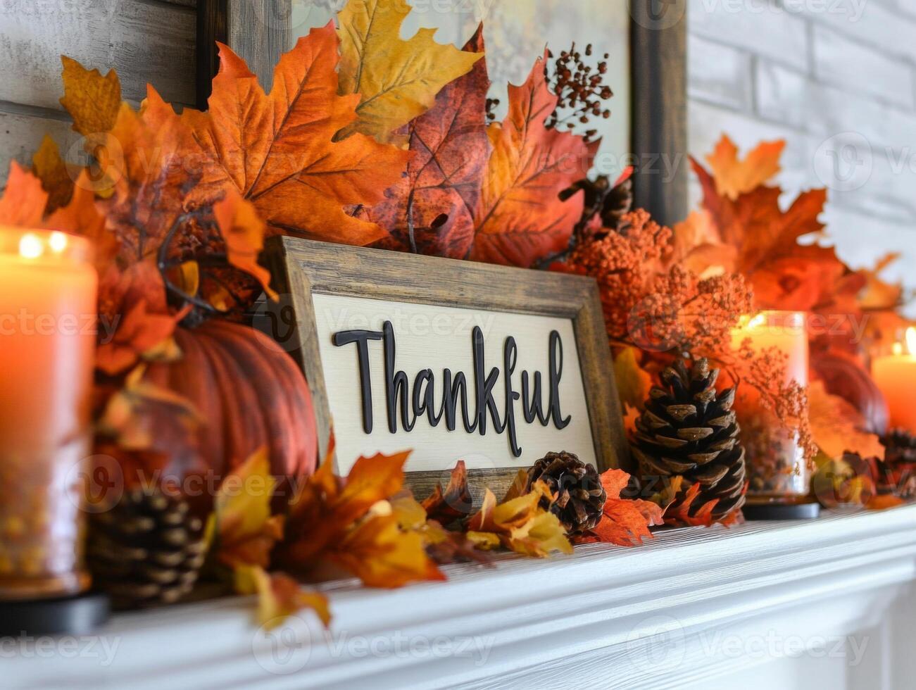 Thanksgiving Mantel Decor with Candles, Leaves photo