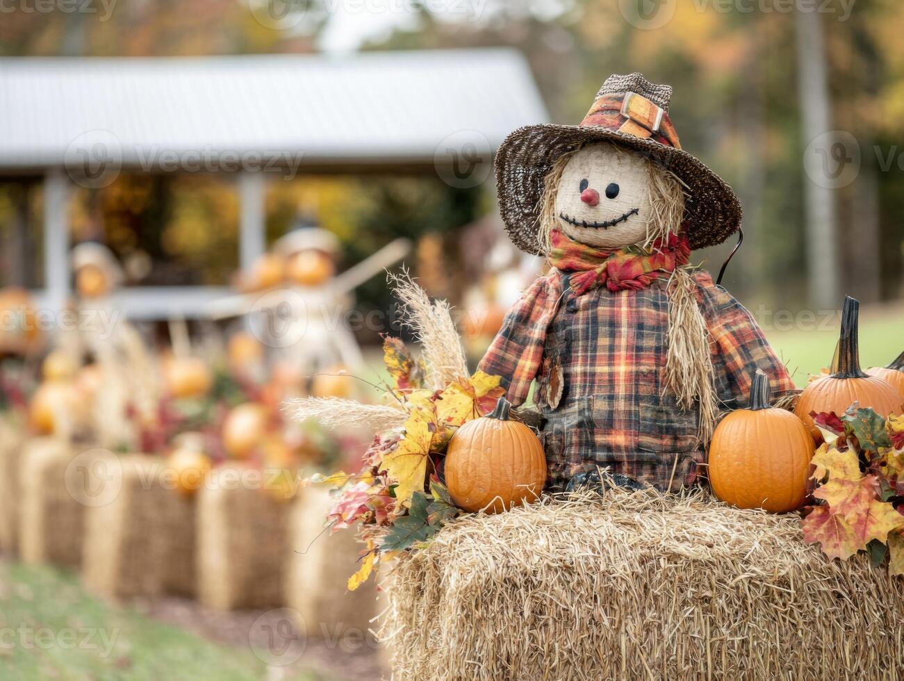 Scarecrow with Pumpkins and Hay Bales in a Fall Setting photo