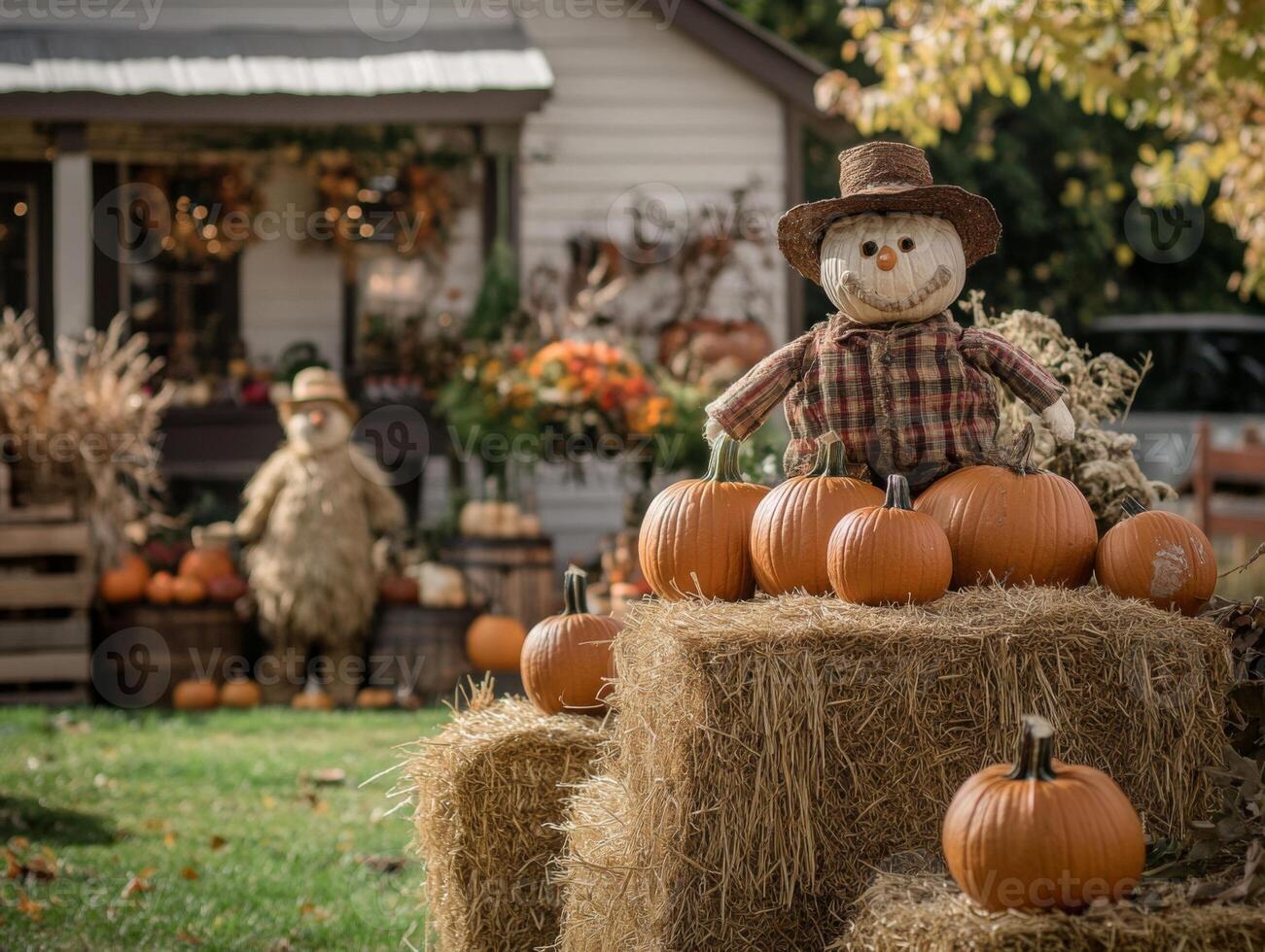 A Cheerful Scarecrow Standing with Pumpkins on Hay Bales photo