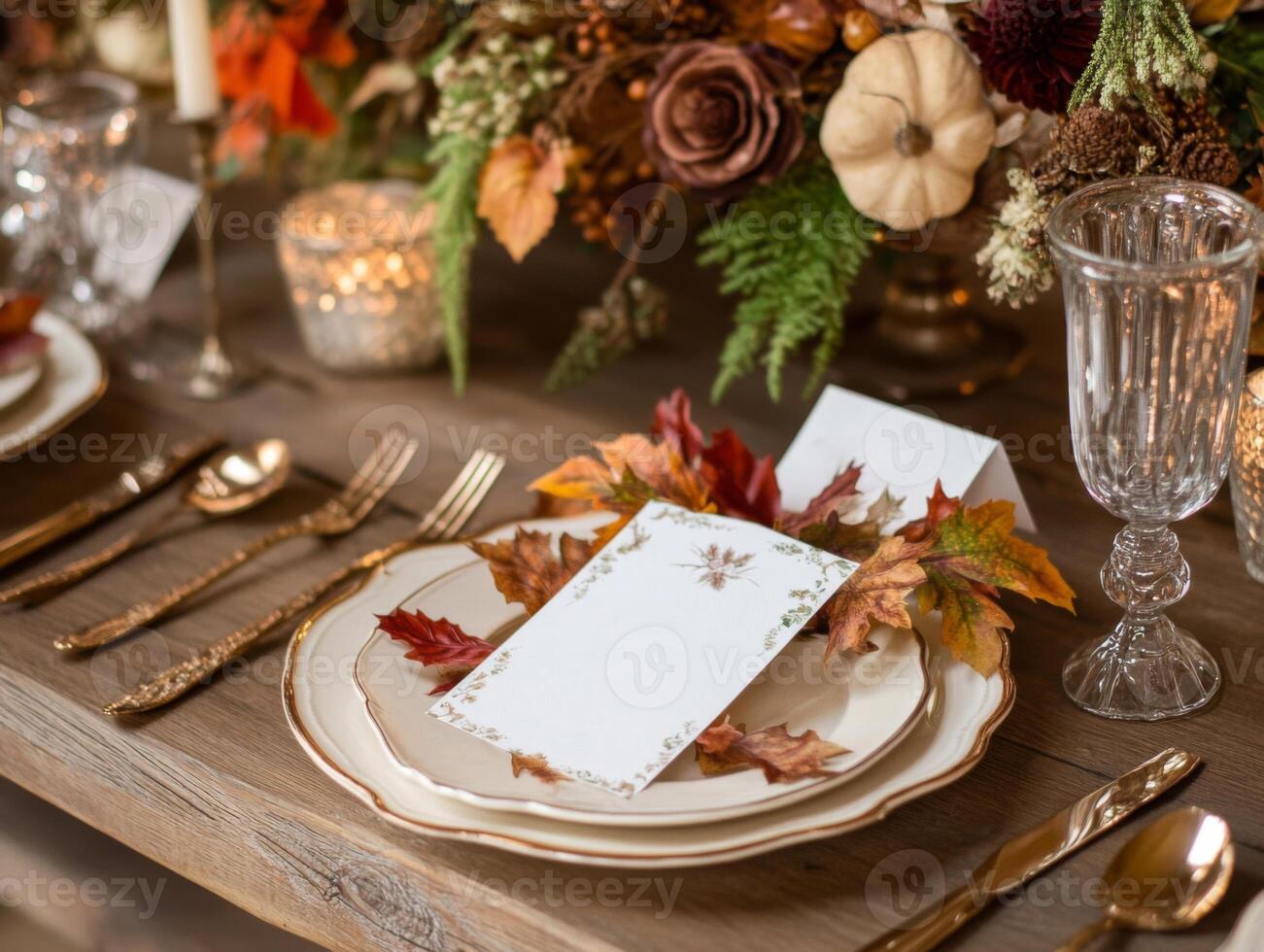 Rustic Autumn Table Setting with White Place Card and Fall Leaves ...