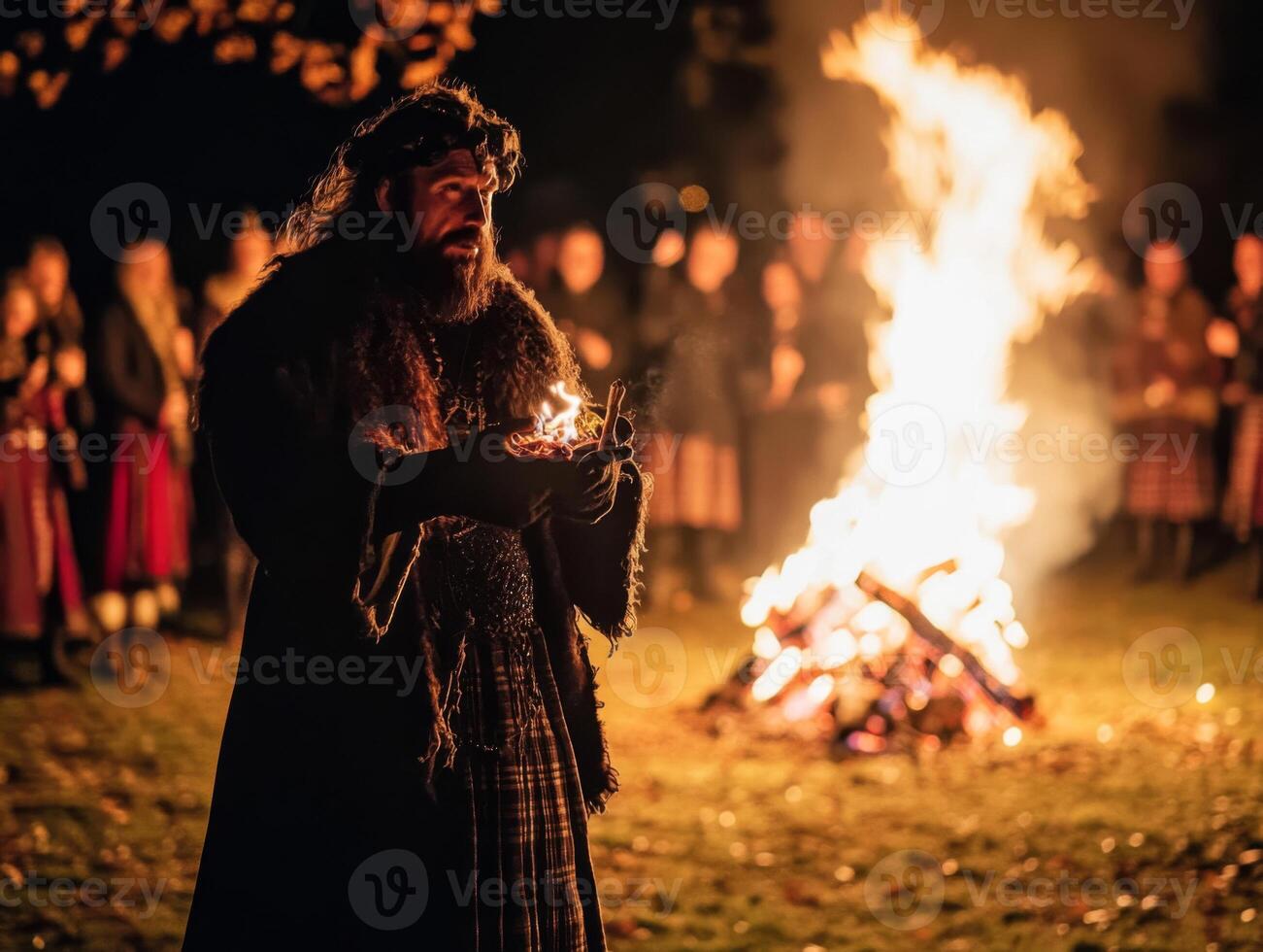 Bearded Man in Plaid Kilt Holds Burning Branch Before Bonfire photo