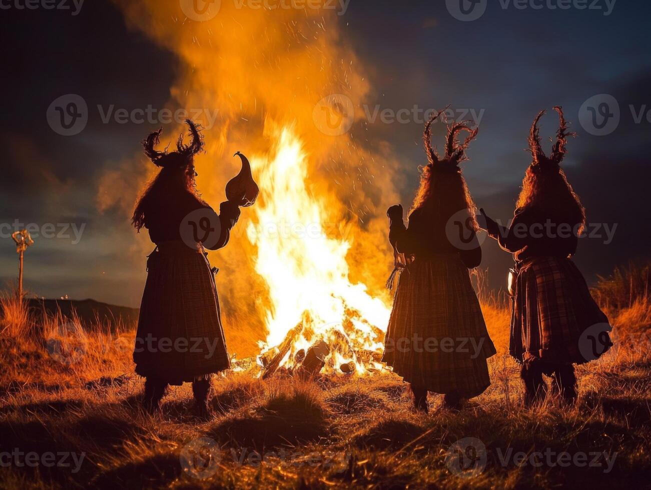 Three Silhouetted Figures Standing Before a Large Bonfire at Night photo