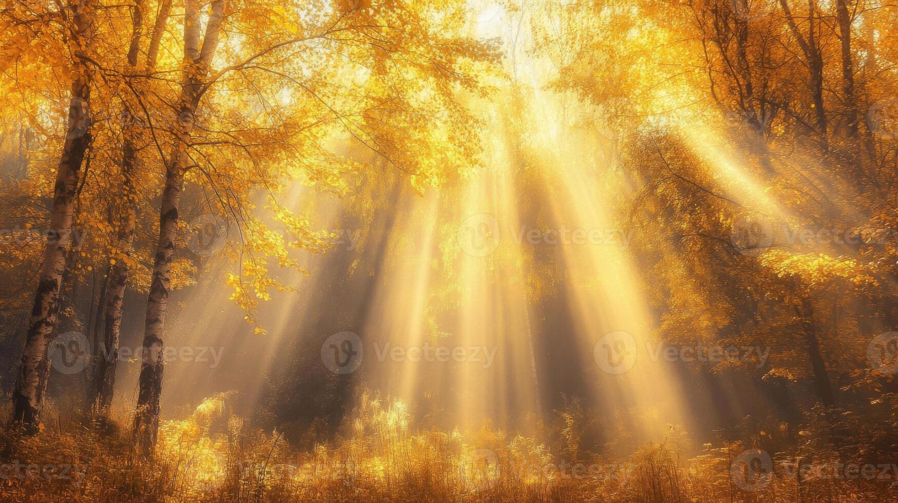 Sunbeams Filtering Through Golden Autumn Forest photo