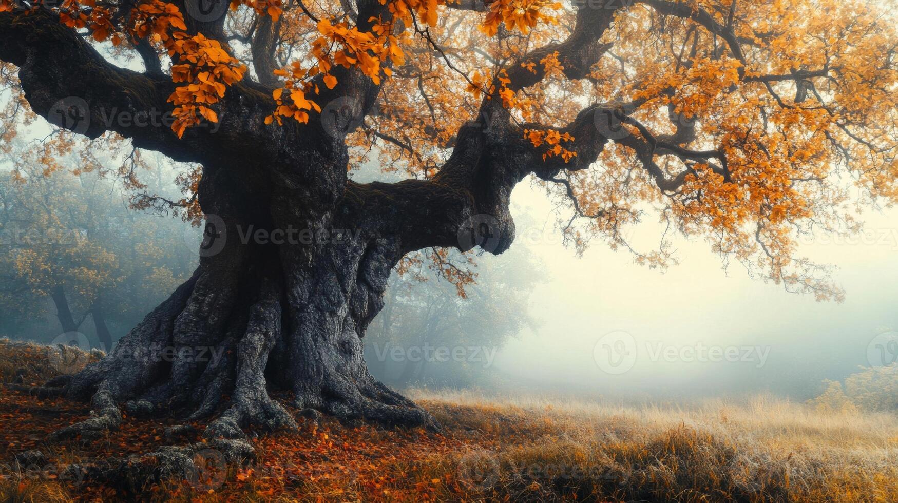 Ancient Oak Tree With Autumn Leaves In Foggy Forest photo