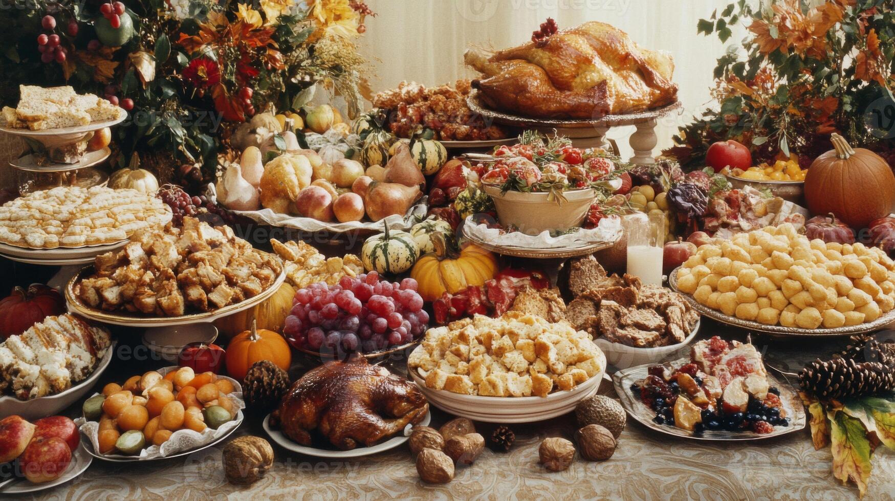 A Table Spread with an Abundance of Thanksgiving Dishes photo