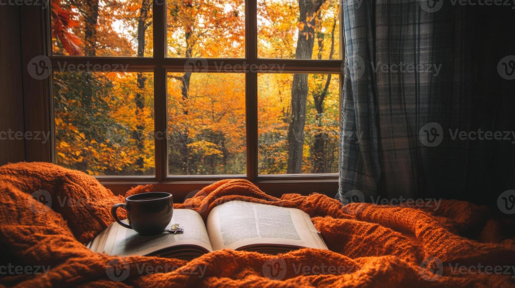 Autumnal Window View with Open Book and Mug of Coffee photo