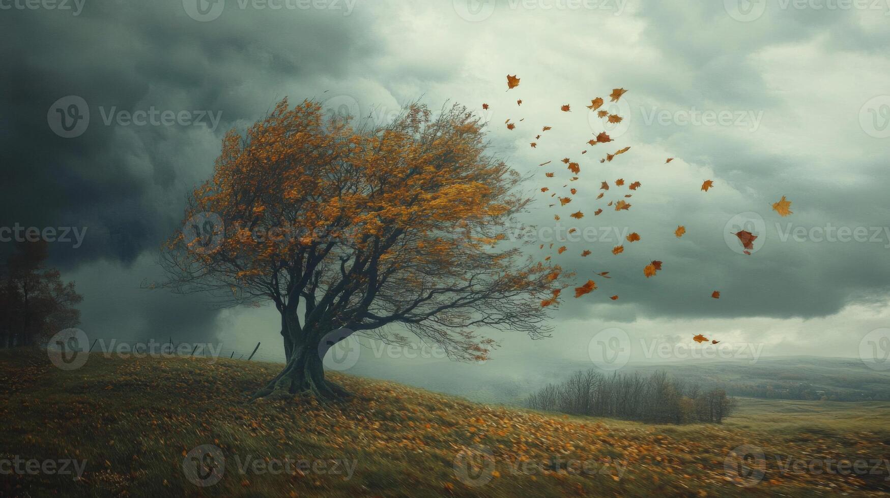 A Single Tree Stands Tall Against a Stormy Sky as Leaves Fall Around It photo