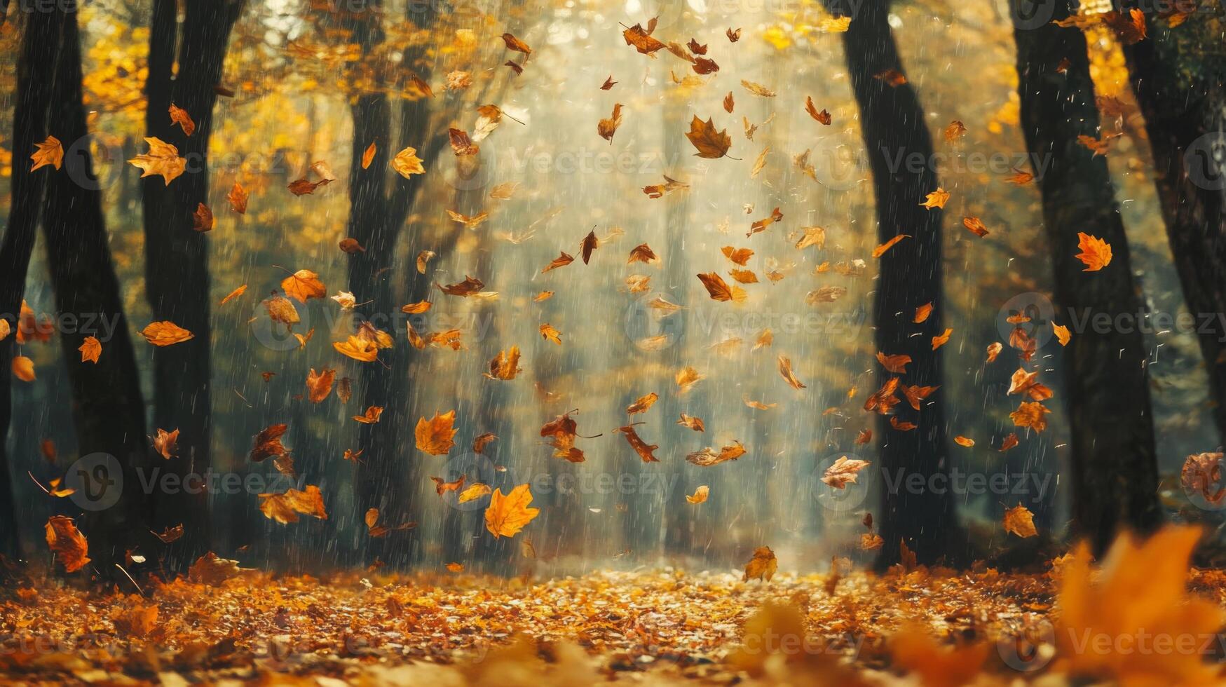 Autumn Leaves Falling Through the Air in a Forest photo