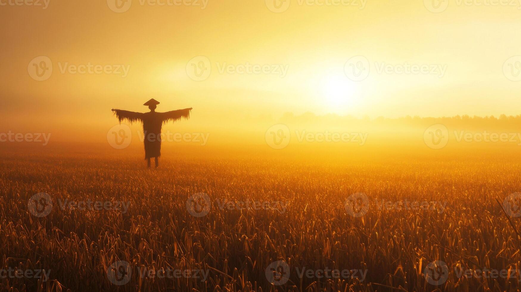 A lone scarecrow stands in a field of tall grass bathed in the golden light of sunrise. photo