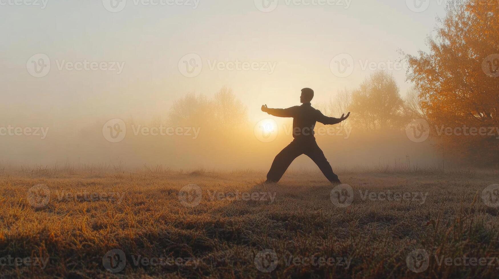 Silhouette of a Man Practicing Tai Chi in a Foggy Meadow at Sunrise photo