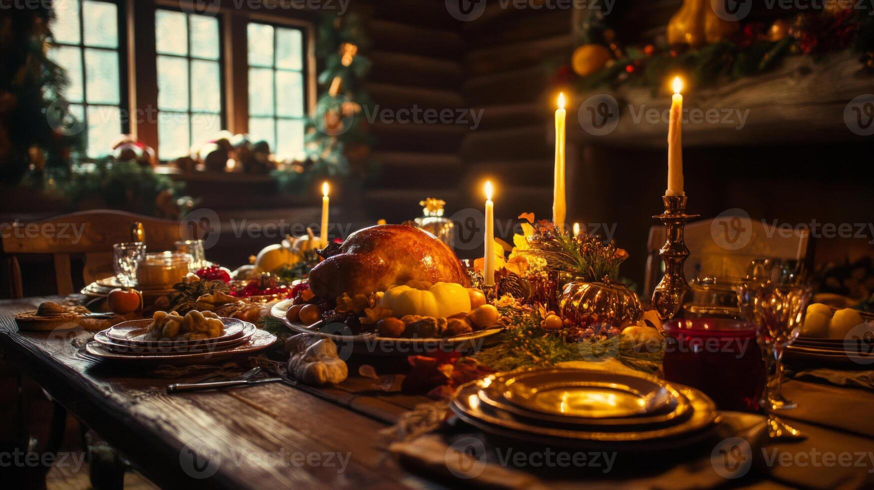 Festive Thanksgiving Dinner Table Setting with Roasted Turkey and Candles photo
